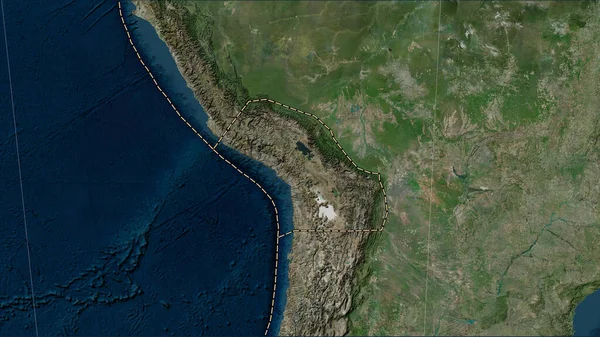 Tectonic plate boundaries adjacent to the Altiplano tectonic plate on the Blue Marble satellite map in the Patterson Cylindrical (oblique) projection