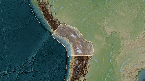 Altiplano tectonic plate and the boundaries of adjacent plates on the Wiki style elevation map in the Patterson Cylindrical (oblique) projection