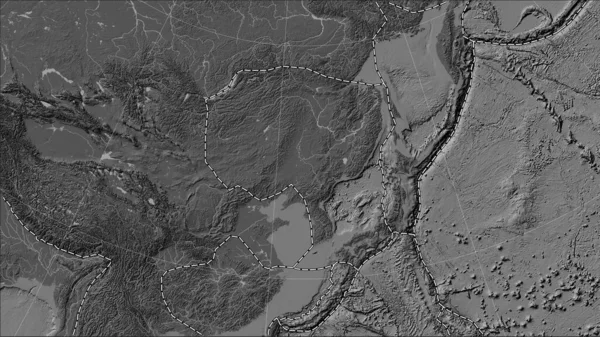 Tectonic plate boundaries adjacent to the Amur tectonic plate on the bilevel elevation map in the Patterson Cylindrical (oblique) projection