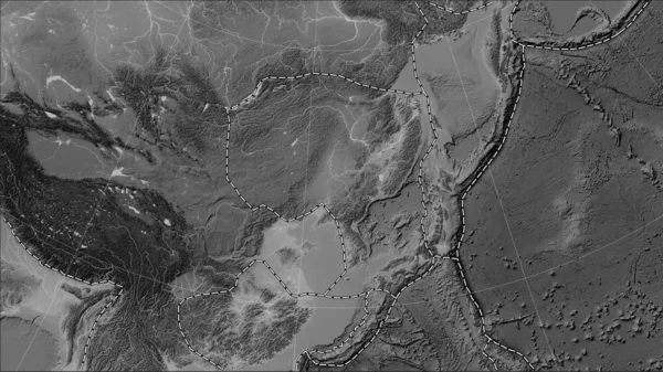Tectonic plate boundaries adjacent to the Amur tectonic plate on the grayscale elevation map in the Patterson Cylindrical (oblique) projection
