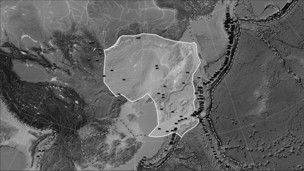 Distribución Volcanes Conocidos Alrededor Placa Tectónica Amur Mapa Elevación Escala —  Fotos de Stock