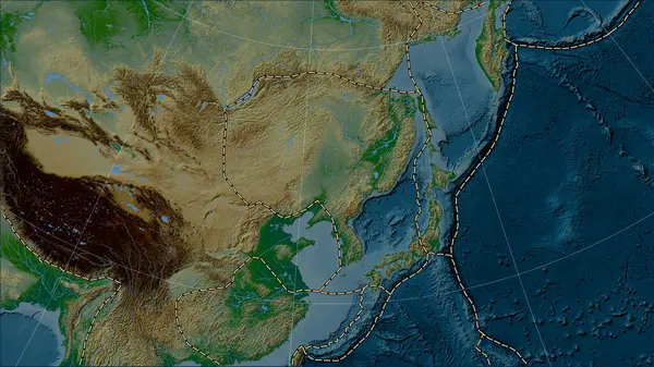 Tectonic Plate Boundaries Adjacent Amur Tectonic Plate Physical Elevation Map — Stock Photo, Image