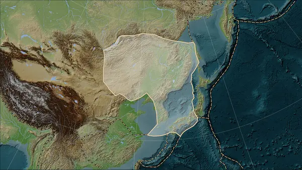 Amur tectonic plate and the boundaries of adjacent plates on the Wiki style elevation map in the Patterson Cylindrical (oblique) projection