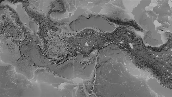 Tectonic plate boundaries adjacent to the Anatolian tectonic plate on the grayscale elevation map in the Patterson Cylindrical (oblique) projection