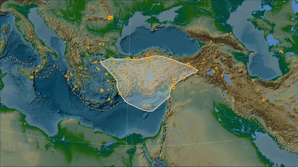 Locations of earthquakes in the vicinity of the Anatolian tectonic plate greater than magnitude 6.5 recorded since the early 17th century on the physical elevation map in the Patterson Cylindrical (oblique) projection