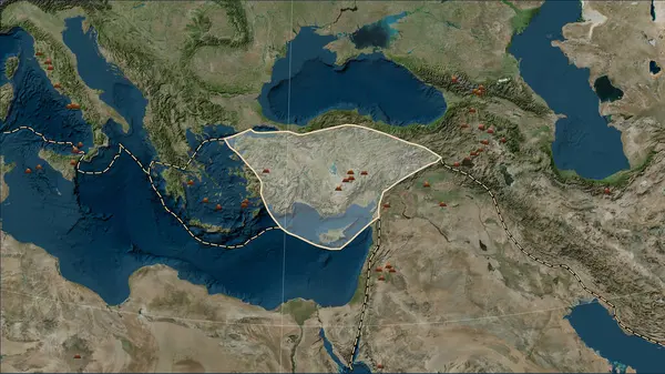 Distribution of known volcanoes around the Anatolian tectonic plate on the Blue Marble satellite map in the Patterson Cylindrical (oblique) projection