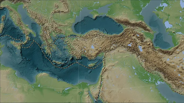 Tectonic plate boundaries adjacent to the Anatolian tectonic plate on the Wiki style elevation map in the Patterson Cylindrical (oblique) projection