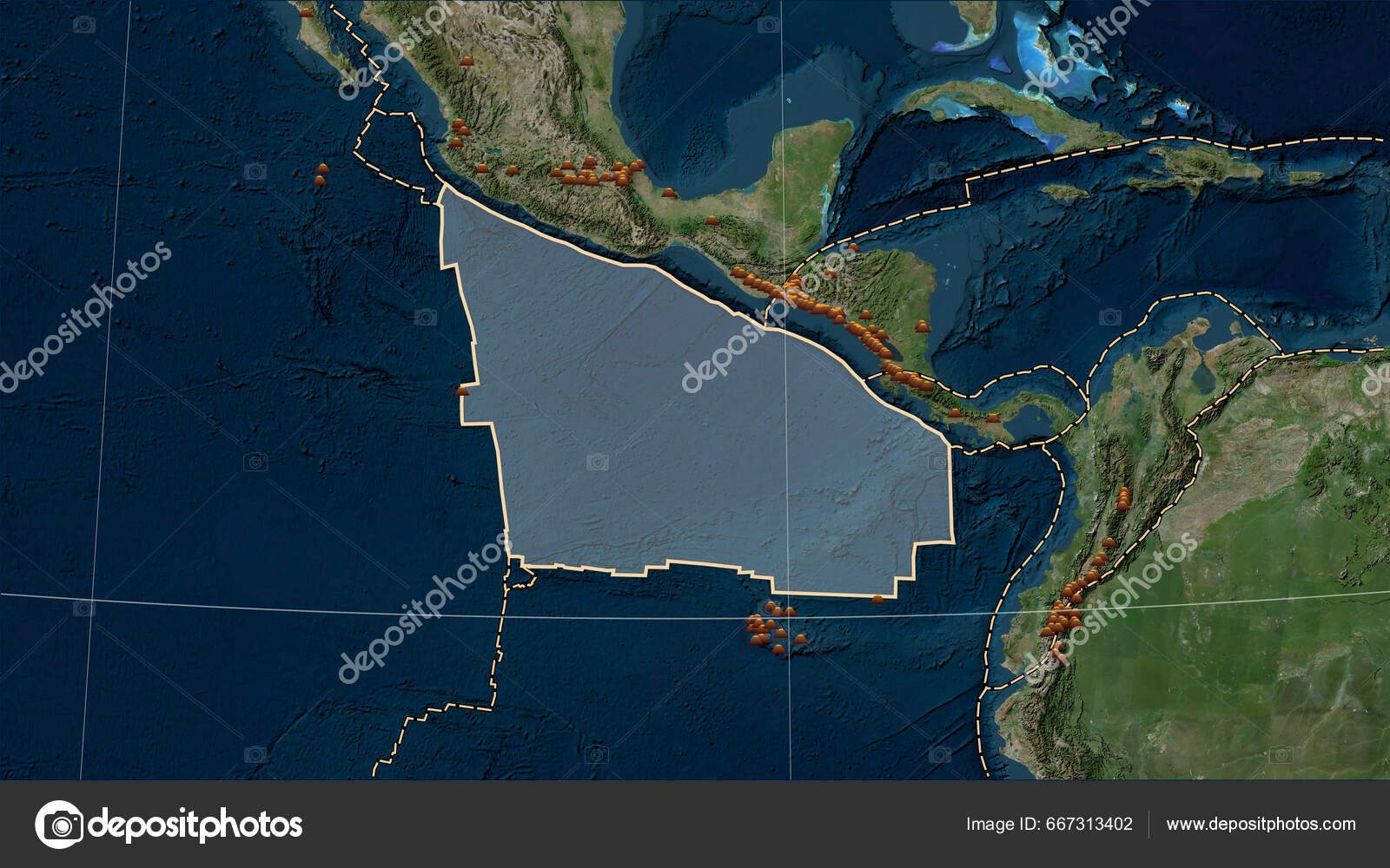 Distribution Known Volcanoes Cocos Tectonic Plate Blue Marble Satellite ...