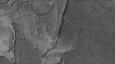 Patterson Silindirik (eğimli) projeksiyonunda Kermadec tektonik plakası ve gri ölçekli yükseklik haritasındaki bitişik plakaların sınırları