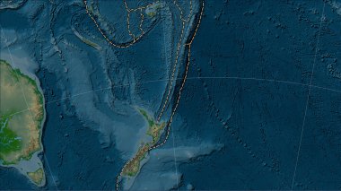 Patterson Silindirik (eğik) projeksiyonunda, fiziksel yükseklik haritasında bitişik plakaların sınırları ve Kermadec tektonik plakası