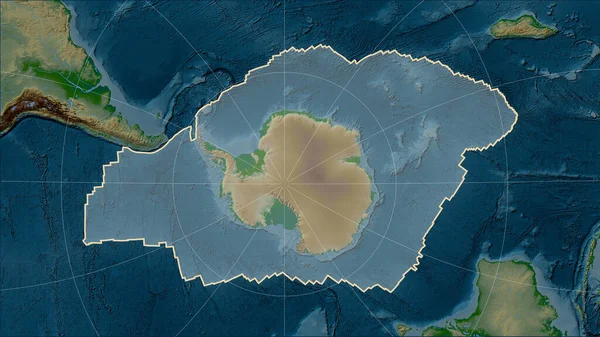 Shape of the Antarctica tectonic plate on the physical elevation map in the Patterson Cylindrical (oblique) projection