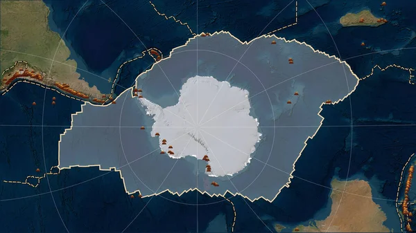Bilinen Volkanların Antarktika Tektonik Plakası Etrafında Patterson Silindirik Eğimli Projeksiyonunda — Stok fotoğraf