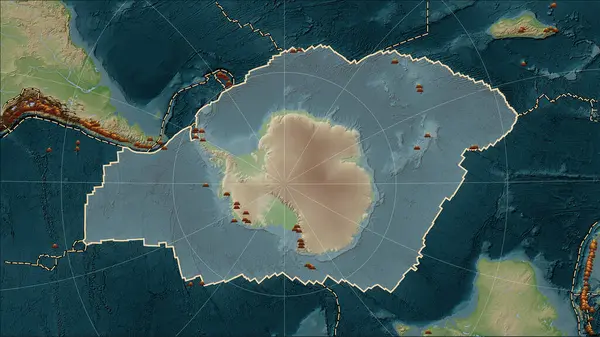 Distribución Volcanes Conocidos Alrededor Placa Tectónica Antártida Mapa Elevación Estilo — Foto de Stock