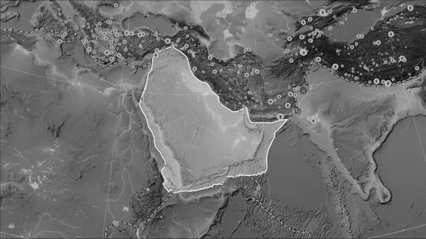 Locations of earthquakes in the vicinity of the Arabian tectonic plate greater than magnitude 6.5 recorded since the early 17th century on the grayscale elevation map in the Patterson Cylindrical (oblique) projection