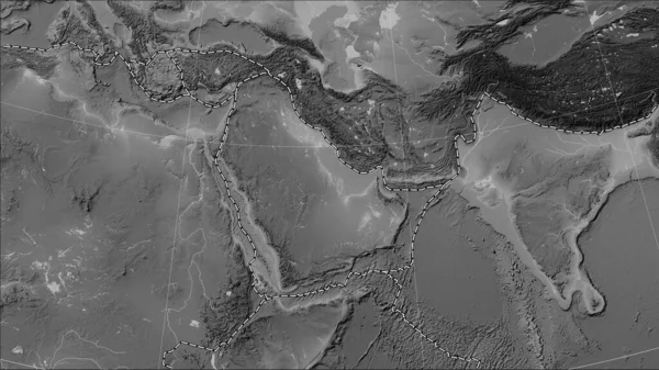 Tectonic plate boundaries adjacent to the Arabian tectonic plate on the grayscale elevation map in the Patterson Cylindrical (oblique) projection