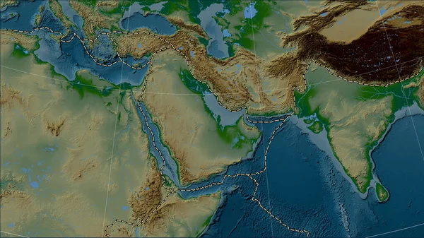 Tectonic plate boundaries adjacent to the Arabian tectonic plate on the physical elevation map in the Patterson Cylindrical (oblique) projection