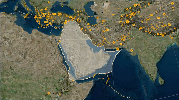 Locations of earthquakes in the vicinity of the Arabian tectonic plate greater than magnitude 6.5 recorded since the early 17th century on the Blue Marble satellite map in the Patterson Cylindrical (oblique) projection
