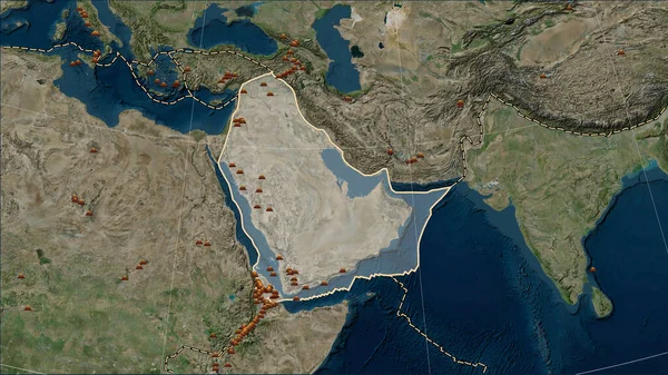 Distribution of known volcanoes around the Arabian tectonic plate on the Blue Marble satellite map in the Patterson Cylindrical (oblique) projection