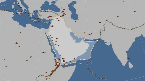 Distribución Volcanes Conocidos Alrededor Placa Tectónica Árabe Mapa Contorno Sólido —  Fotos de Stock