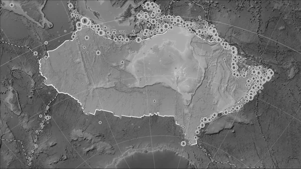 Posizioni Terremoti Prossimità Della Placca Tettonica Australiana Maggiori Magnitudo Registrate — Foto Stock