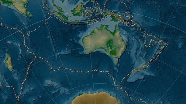 Granice Płyt Tektonicznych Przylegające Australijskiej Płyty Tektonicznej Mapie Elewacji Fizycznej — Zdjęcie stockowe