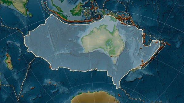 Distribución Volcanes Conocidos Alrededor Placa Tectónica Australiana Mapa Elevación Física —  Fotos de Stock