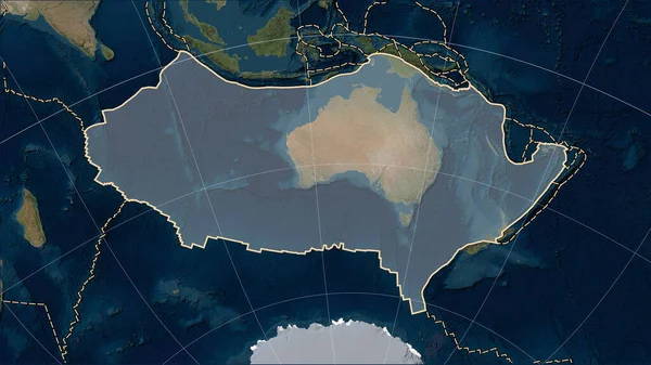 Australian tectonic plate and the boundaries of adjacent plates on the Blue Marble satellite map in the Patterson Cylindrical (oblique) projection
