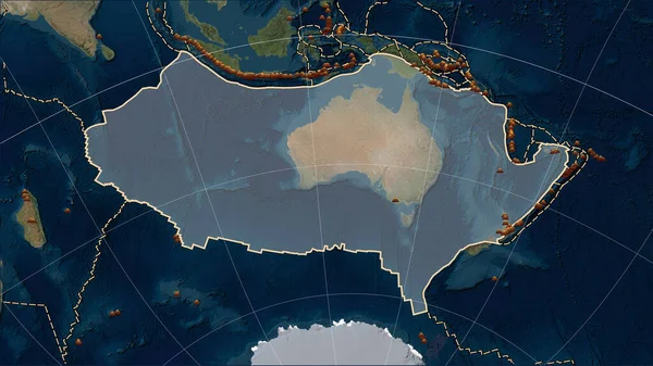 Rozmieszczenie Znanych Wulkanów Wokół Australijskiej Płyty Tektonicznej Mapie Satelitarnej Blue — Zdjęcie stockowe