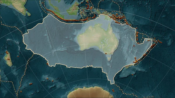 Distribution of known volcanoes around the Australian tectonic plate on the Wiki style elevation map in the Patterson Cylindrical (oblique) projection