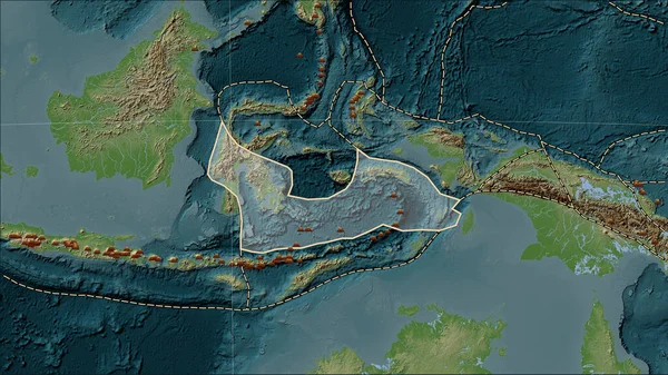 Rozmieszczenie Znanych Wulkanów Wokół Płyty Tektonicznej Morza Banda Mapie Elewacji — Zdjęcie stockowe