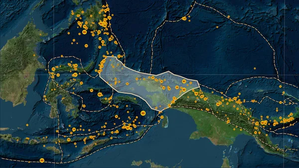 バーズヘッドテクトニックプレート付近の地震の場所は パターソン円筒形 オブリク プロジェクションのブルー大理石衛星マップで17世紀初頭以来記録されている6 5マグニチュードよりも大きい — ストック写真