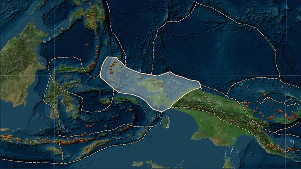 Distribución Volcanes Conocidos Alrededor Placa Tectónica Birds Head Mapa Satélite — Foto de Stock