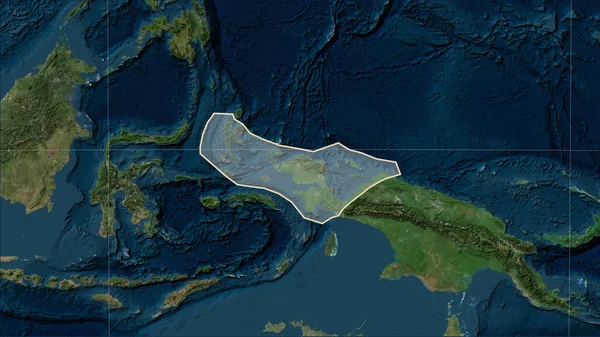 パターソンシリンドリカル オブリケ プロジェクションのブルーマーブル衛星マップ上の鳥ヘッドテクトニックプレートの形状 — ストック写真