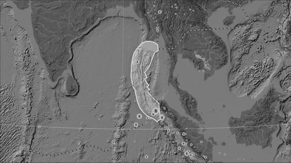 Locations of earthquakes in the vicinity of the Burma tectonic plate greater than magnitude 6.5 recorded since the early 17th century on the bilevel elevation map in the Patterson Cylindrical (oblique) projection