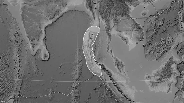Fördelning Kända Vulkaner Runt Burma Tektoniska Plattan Gråskala Höjd Karta — Stockfoto