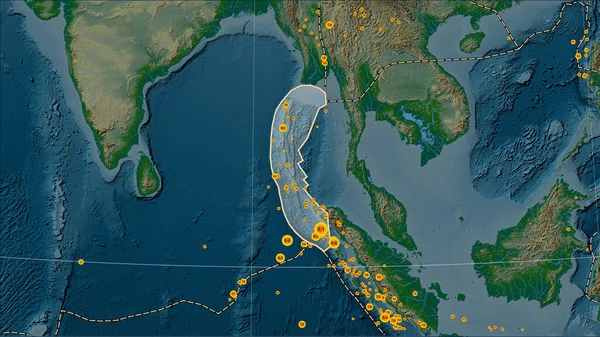 Locations of earthquakes in the vicinity of the Burma tectonic plate greater than magnitude 6.5 recorded since the early 17th century on the physical elevation map in the Patterson Cylindrical (oblique) projection