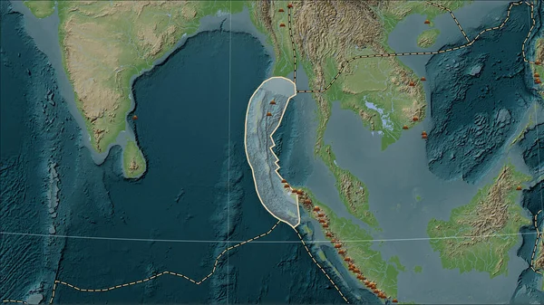 Distribución Volcanes Conocidos Alrededor Placa Tectónica Birmania Mapa Elevación Estilo — Foto de Stock