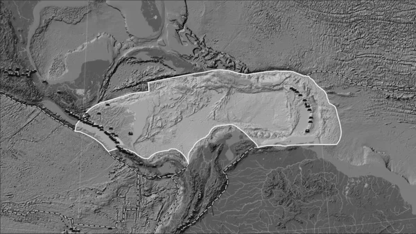 Patterson圆柱 投影的双圆弧高程图加勒比板块周围已知火山分布 — 图库照片