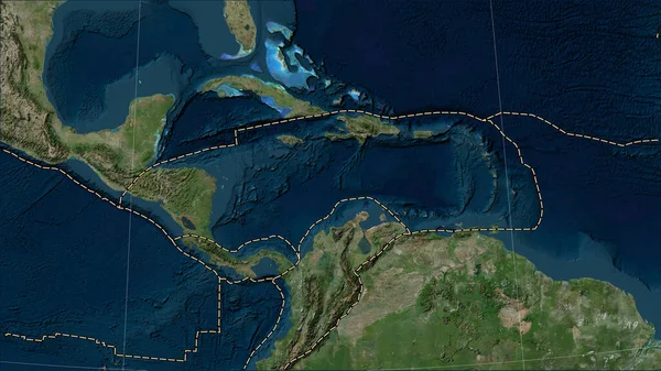 Límites Placas Tectónicas Adyacentes Placa Tectónica Del Caribe Mapa Satélite —  Fotos de Stock