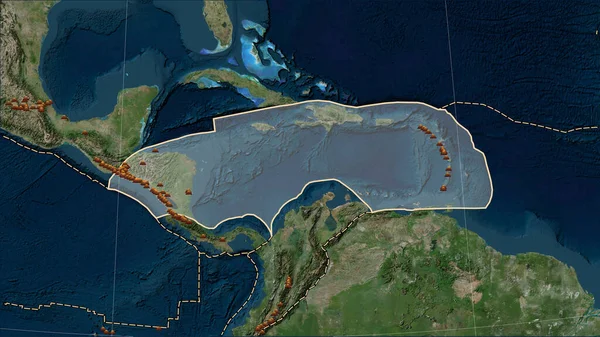 Distribution of known volcanoes around the Caribbean tectonic plate on the Blue Marble satellite map in the Patterson Cylindrical (oblique) projection