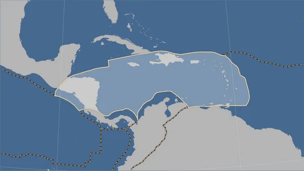 Caribbean tectonic plate and the boundaries of adjacent plates on the solid contour map in the Patterson Cylindrical (oblique) projection
