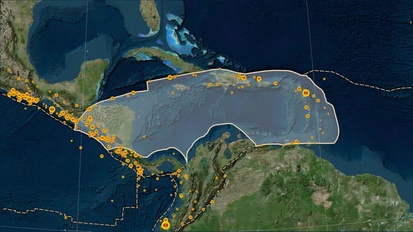 Locations of earthquakes in the vicinity of the Caribbean tectonic plate greater than magnitude 6.5 recorded since the early 17th century on the Blue Marble satellite map in the Patterson Cylindrical (oblique) projection