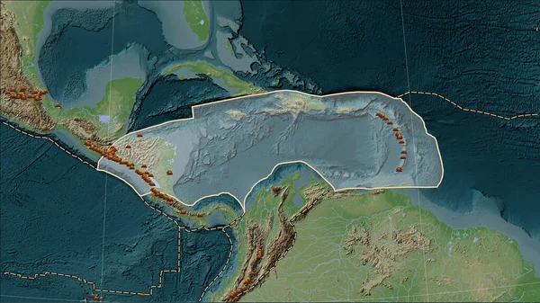 Distribution of known volcanoes around the Caribbean tectonic plate on the Wiki style elevation map in the Patterson Cylindrical (oblique) projection