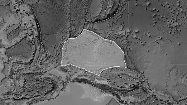 パターソンシリンダリカル オブリケ プロジェクションのグレースケール標高マップ上のキャロラインテクトニックプレート周辺の既知の火山の分布 — ストック写真