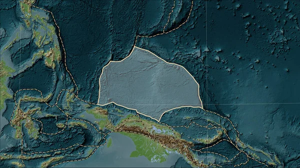 Caroline tectonic plate and the boundaries of adjacent plates on the Wiki style elevation map in the Patterson Cylindrical (oblique) projection
