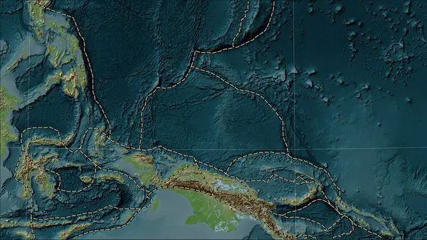Tectonic plate boundaries adjacent to the Caroline tectonic plate on the Wiki style elevation map in the Patterson Cylindrical (oblique) projection