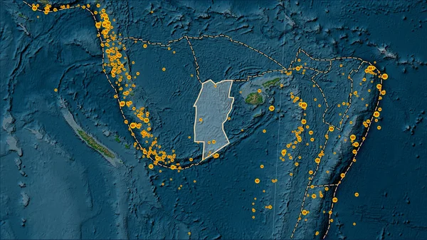 Locations of earthquakes in the vicinity of the Conway Reef tectonic plate greater than magnitude 6.5 recorded since the early 17th century on the physical elevation map in the Patterson Cylindrical (oblique) projection