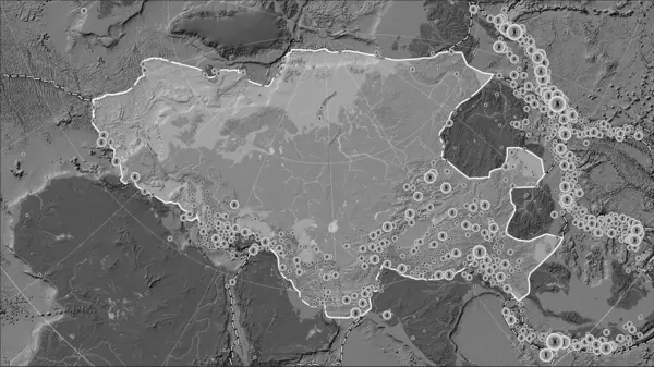 パターソンシリンダリカル オブリケ プロジェクションの胆汁標高マップ上のユーラシアのテクトニックプレートに隣接するテクトニックプレート境界 — ストック写真