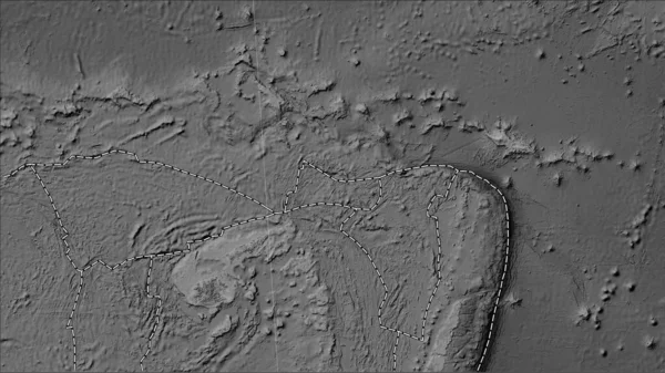 Futuna tectonic plate and the boundaries of adjacent plates on the grayscale elevation map in the Patterson Cylindrical (oblique) projection