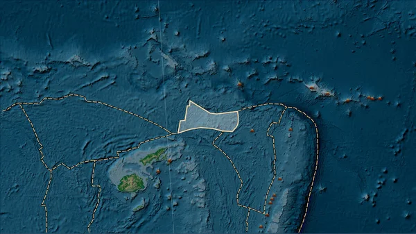 Locations of earthquakes in the vicinity of the Futuna tectonic plate greater than magnitude 6.5 recorded since the early 17th century on the physical elevation map in the Patterson Cylindrical (oblique) projection